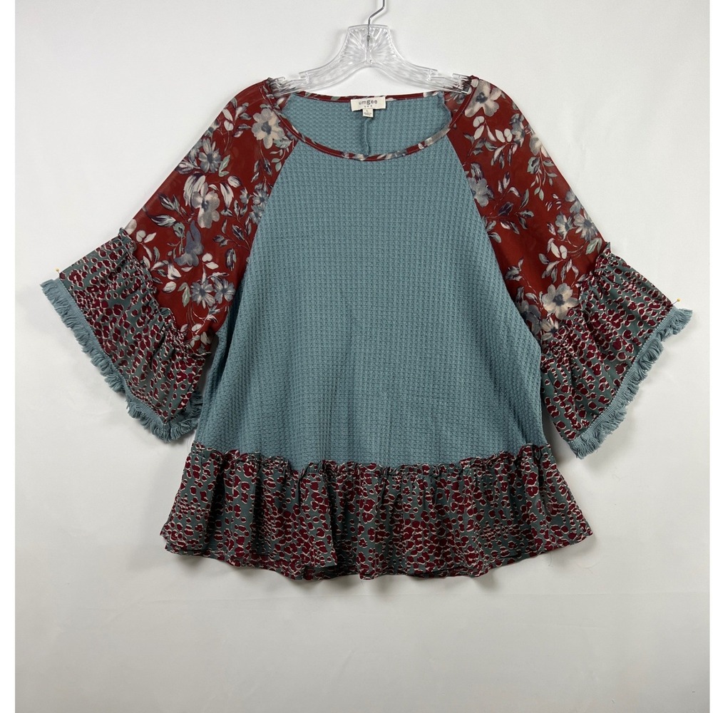 Umgee Waffle Knit Top Womens Large Blue Burgundy Floral Leopard Fringe Ruffle